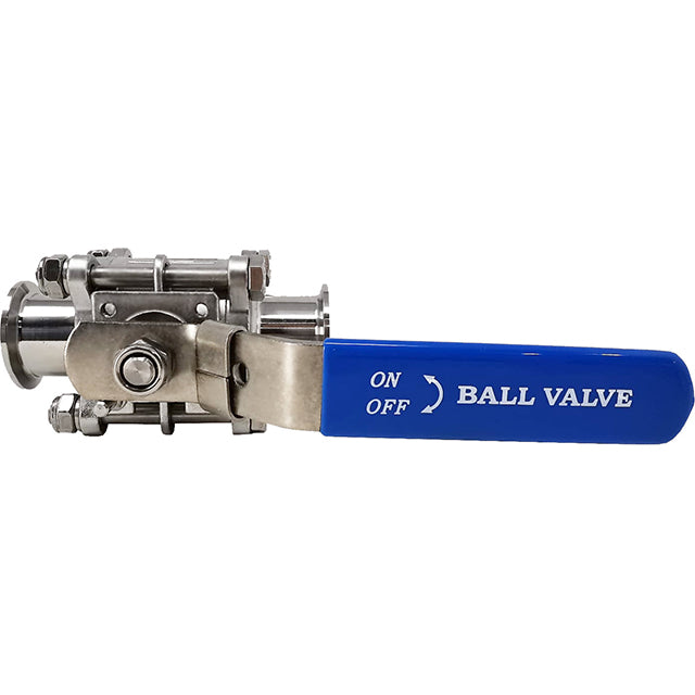 1.5" Tri Clamp Ball Valve, Safety Clip on the handle. Connect to with tri gasket and clamp
